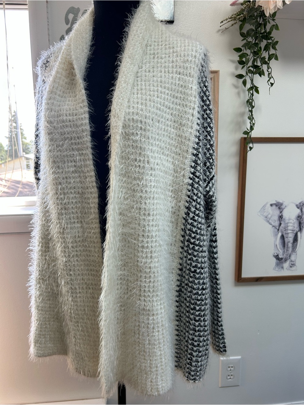 Billabong Open-Front Fuzzy Cardigan in Cream and Black